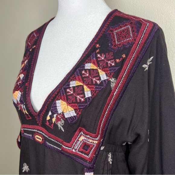 Free People Tulum Embroidered Aztec Boho V-Neck Kimono Sleeve Mini Dress XS - Picture 6 of 13